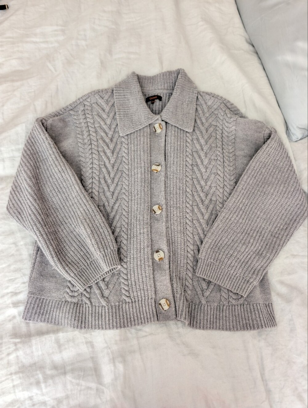 Quince 100% Merino Wool Light Gray Cable-Knit Collared Cardigan Medium Oversized